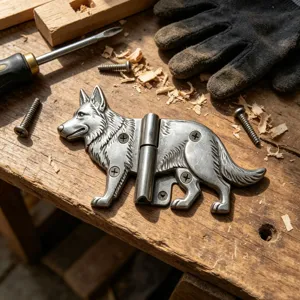Vintage German Shepherd metal door hinge, creative retro animal hardware for home decor.