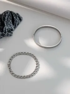 Stainless steel Roman numeral cuff and Cuban chain bracelet set, minimalist fashion jewelry.