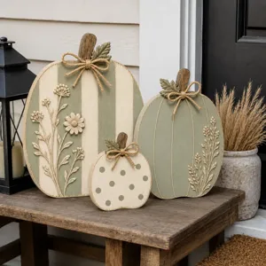 Detailansicht des rustikalen Holzkuerbis-Sets mit floralen Reliefs und Schleifen im Herbst.