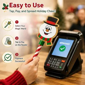 Christmas snowman credit card payment wand detail showing easy contactless tap checkout process.