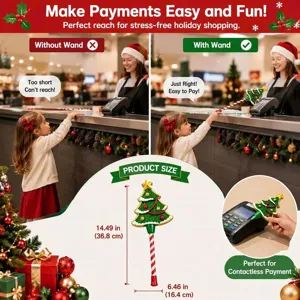 Christmas credit card payment wand detail showing size and contactless checkout use.