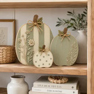 Nahaufnahme der rustikalen Holzkürbis Tischdeko mit Blumenprägung für Herbst Thanksgiving.