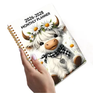 A5 Spiral Monthly Planner 2026-2028 Cute Highland Cow Notebook Schedule Agenda Book