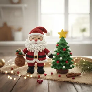 Adorable poupée Père Noël au crochet et sapin de Noël faits main pour décoration de table.