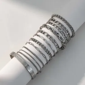 Stainless Steel Roman Numeral Bangle Bracelet Set For Men Women Silver Byzantine Dragon Link Chain Layered Jewelry Hand Ring Not Fade Gift