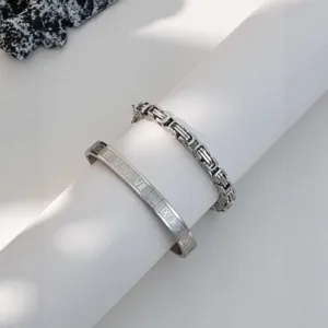 Stainless steel Roman numeral bangle and chain bracelet set, stylish niche design jewelry for women.