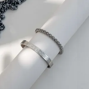 Stainless steel Roman numeral cuff bracelet and chain set, trendy minimalist design, silver.