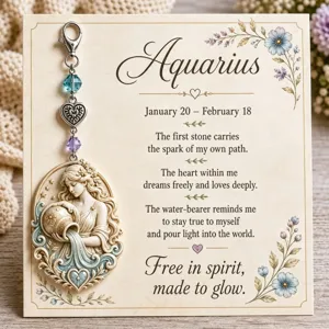 Vintage zinc alloy Aquarius zodiac sign pendant keychain with crystal beads and card.