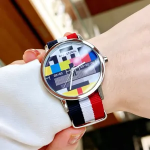 Trendy Dopamine TV Test Pattern Quartz Watch For Men Fashion Woven Canvas Strap Alloy Case Retro SMPTE Color Bar Dial Wristwatch For Students