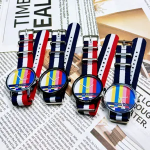 Colorful TV test pattern dial quartz watch with striped NATO fabric strap for daily fashion style.