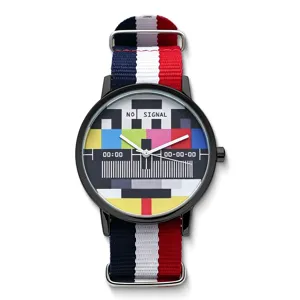 Dopamine colorful TV test pattern quartz watch with striped nylon strap for men and students.