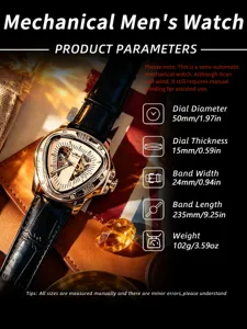 Skelett Herren Mechanisch Uhr Detail, 50mm Gold Dreieck Zifferblatt Lederarmband.
