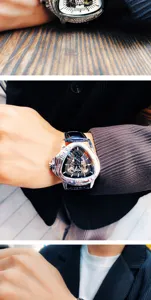Stilvolle dreieckige mechanische Herrenuhr mit skelettiertem Zifferblatt und Lederarmband.