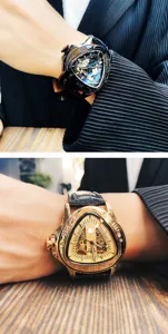Herren Skelett mechanische Uhr mit einzigartigem Dreiecksgehaeuse und Lederarmband.