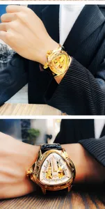 Herren Automatik mechanische Uhr mit einzigartigem dreieckigen Goldgehäuse und Skelett Zifferblatt