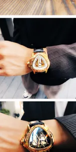 Herren Automatikuhr mechanische Uhr mit goldenem Dreieckgehäuse und Skelett Zifferblatt.