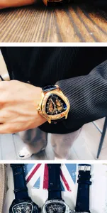Dreieckige mechanische Herrenuhr, Skelett-Zifferblatt mit Lederarmband, stilvolles Design.