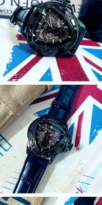 Winner Herren mechanische Skelett Uhr stilvolles dreieckiges schwarzes Lederarmband