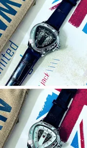 Detailansicht der dreieckigen Skelett-Mechanikuhr für Herren mit schwarzem Lederarmband.