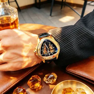 Herren Automatik mechanische Uhr mit goldenem Dreieck Gehäuse skelettiertem Zifferblatt Lederarmband
