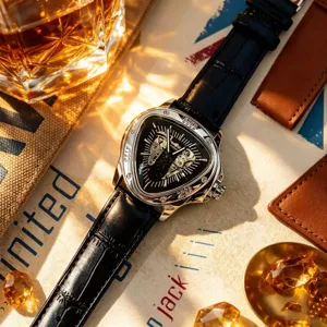 Herren automatik mechanische Uhr schildform hohles Zifferblatt schwarzes Lederarmband