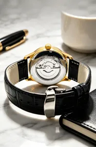 Gros plan détaillé du dos de montre mécanique transparent montrant le mouvement et le bracelet.