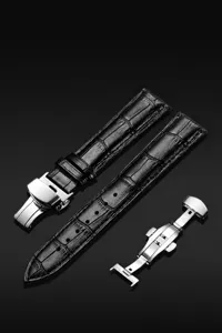 Bracelet de montre en cuir noir avec boucle déployante papillon en acier inoxydable.