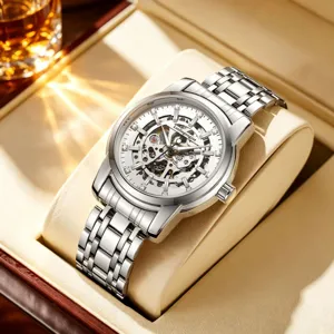 Luxury Men's Automatic Mechanical Watch Skeleton Skeleton Dial Stainless Steel Band Rhinestone Markers Sapphire Glass Waterproof Wristwatch