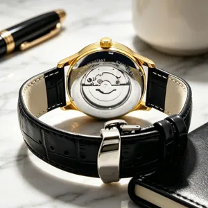 Montre mécanique automatique dorée classique avec bracelet en cuir noir pour homme d'affaires