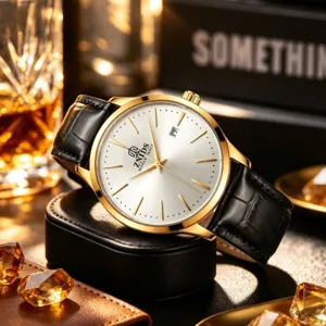 Montre mécanique automatique pour homme dorée avec cadran blanc et bracelet en cuir noir.
