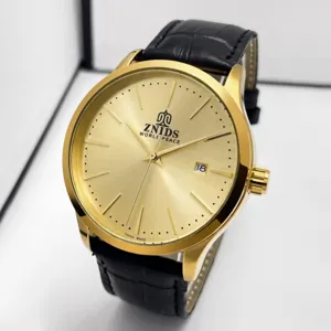 Montre automatique classique a cadran dore avec bracelet en cuir noir pour homme d'affaires.