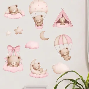 Autocollants muraux ours rose mignon pour déco chambre d'enfant, stickers PVC adhésifs.
