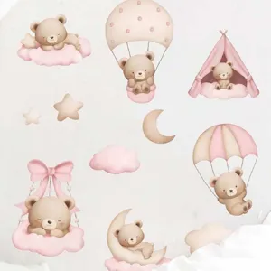 Adorables stickers muraux ours en peluche rose pour chambre d'enfant, autocollants.
