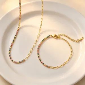 Set collana e bracciale in acciaio al titanio con zirconi colorati, gioiello elegante donna.