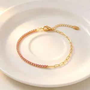 Bracciale Tennis Zircone Rosa Dorato Catena Graffetta Elegante Gioiello Donna