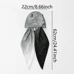 Detail view of the gradient satin bonnet with long ties and elastic cap design for women.