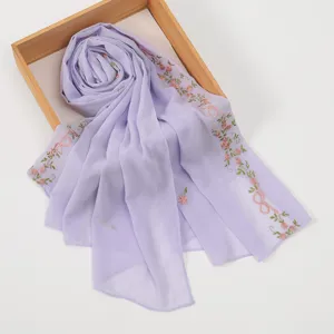 Lavender chiffon long scarf with pink floral embroidery, elegant lightweight sun-protection shawl.