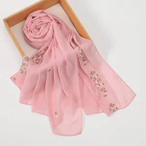 French style floral embroidered chiffon long scarf, elegant women sun protection shawl.