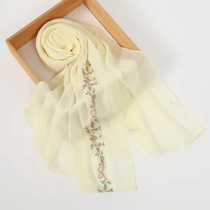 Elegant floral embroidered chiffon scarf, long soft sun protection shawl for women details.