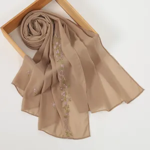 French style floral embroidered chiffon long scarf, elegant khaki women sunscreen shawl.