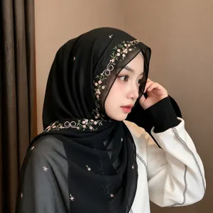 Womens French Gentle Floral Embroidery Chiffon Long Scarf Elegant Versatile Sun Protection Shawl Decorative Scarf