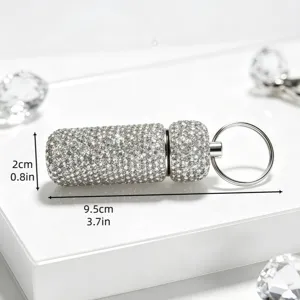 Sparkling rhinestone cylinder sub-packaging keychain detail view, portable accessory.