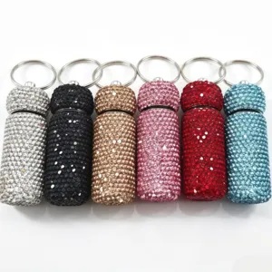 Rhinestone pill box keychain glittering perfume sub bottle cute key ring pendant