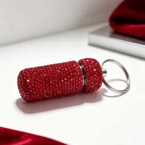 Red Rhinestone Capsule Keychain Cute Mini Pendants Sparkly Key Ring Bag Charm Accessory