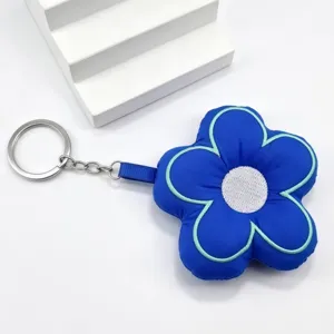 Cute blue fabric five petal flower keychain plush puffy bag pendant metal ring aesthetic accessory