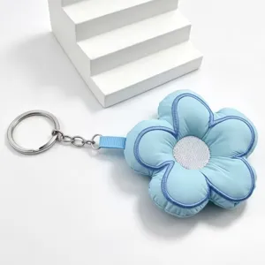 Blue padded flower keychain cute plush fabric five petal keyring bag charm accessory