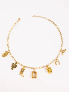 Western cowboy style gold necklace with multiple charms like poker, cactus, and boots.
