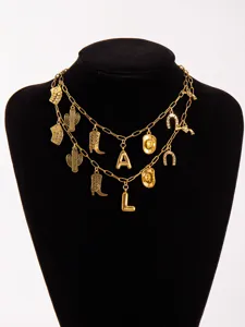 Gold multi-layer western cowboy necklace with cactus boots and poker charms detail.