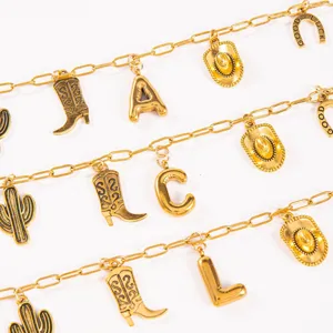 Western style gold charm necklace featuring cowboy boots cactus and letter pendants for women