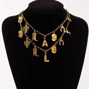 Western cowboy double layer necklace with boots cactus playing cards charms for women fashion